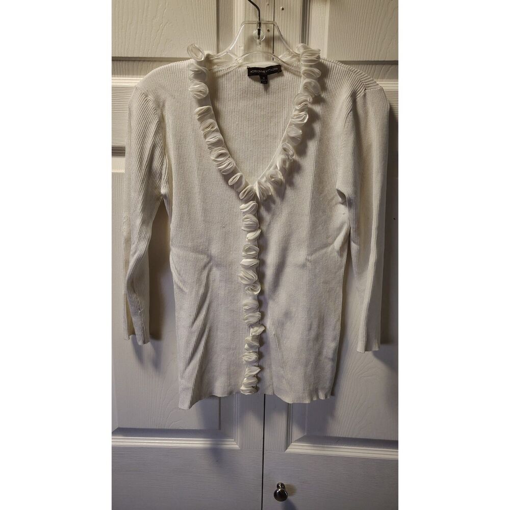 Adrienne Vittadini Cream Off-White Ribbed Knit Ruffle Trim Cardigan Sweater M